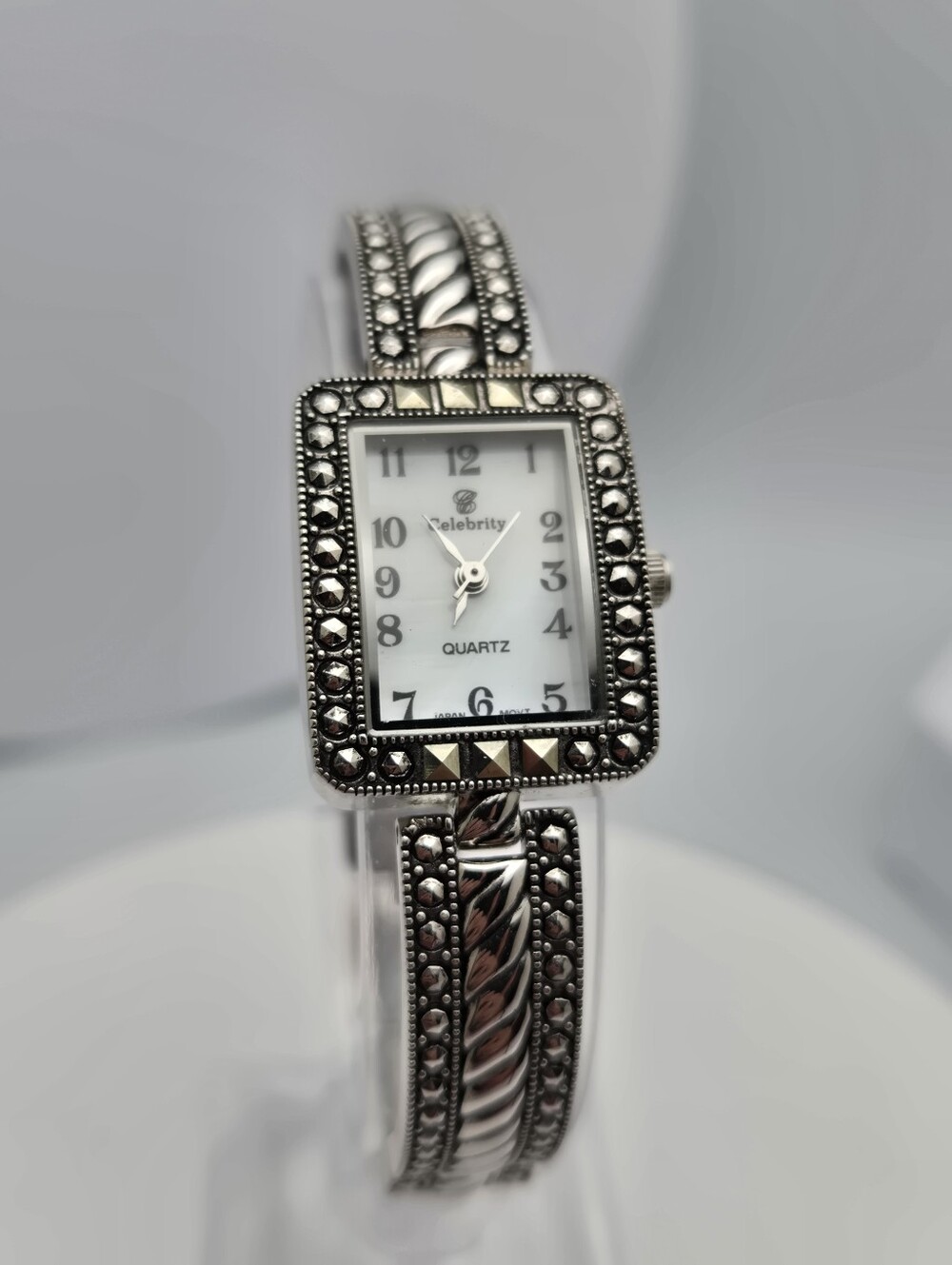 Celebrity Women’s Quartz Watch Rectangular Marcasite Accents Silver Tone Japan